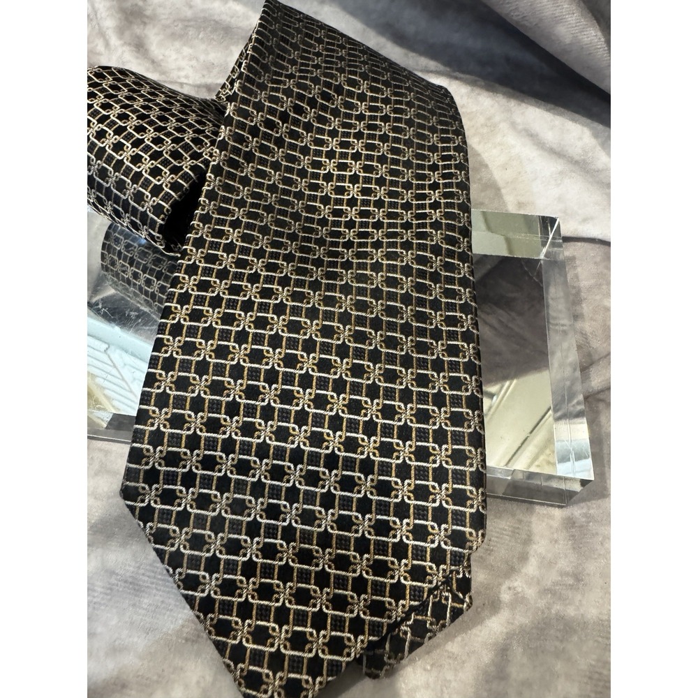 ERMENEGILDO ZEGNA Mens‎ 100% Silk Necktie ITALY Designer Geometric Black/Gold